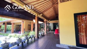 View of outdoor terrace of beachfront villa for sale in Amed Bali